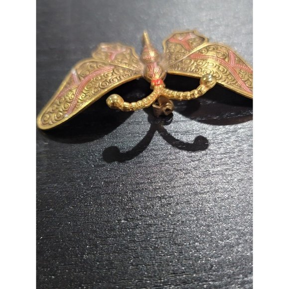 Vintage Spain Damascene Red/Black Enamel Gold Tone Butterfly Brooch Pin - Picture 3 of 7